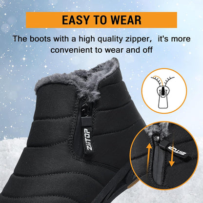 Snow Boots Mens Waterproof Winter Boots Fur Lined Warm Ankle Boots Zipper Closure Slip on Outdoor Boot Comfortable Walking Shoes