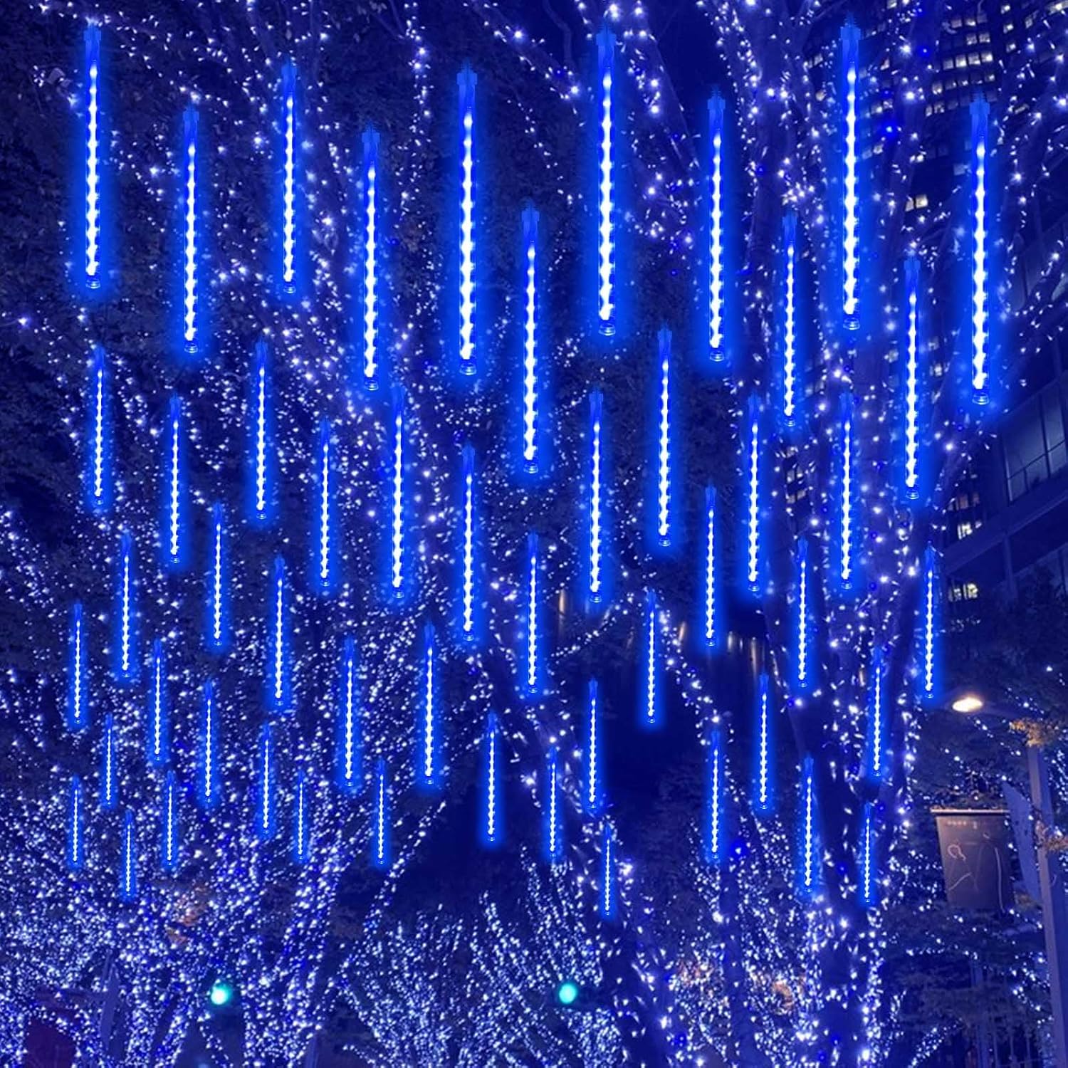 2 Pack Extendable Christmas Lights Decorations Outdoor, 16 Tubes 384 LEDs Meteor Shower Lights with Timer Cascading Falling Raindrop String Light Plug in for Holiday Graden Yard Tree Xmas Decor (Blue)