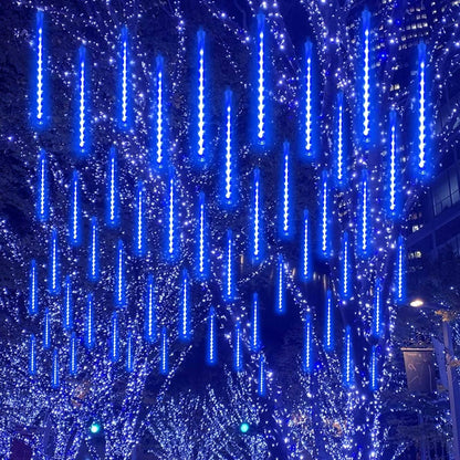 2 Pack Extendable Christmas Lights Decorations Outdoor, 16 Tubes 384 LEDs Meteor Shower Lights with Timer Cascading Falling Raindrop String Light Plug in for Holiday Graden Yard Tree Xmas Decor (Blue)