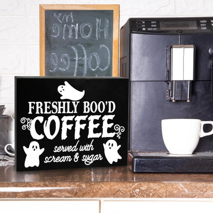 Gift Boutique Halloween Coffee Sign – Freshly Boo’d Coffee Served with Scream and Sugar Black Wooden Tabletop Plaque for Kitchen, Cafe, Party Decor