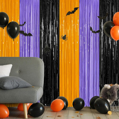 2 Pack Halloween Backdrop, 3.28 FT x 7.05 FT Foil Fringe Curtains, Orange Purple Black Party Streamer Tinsel Backdrop Curtains, Halloween Decorations Door Decor Photo Props Party Supplies