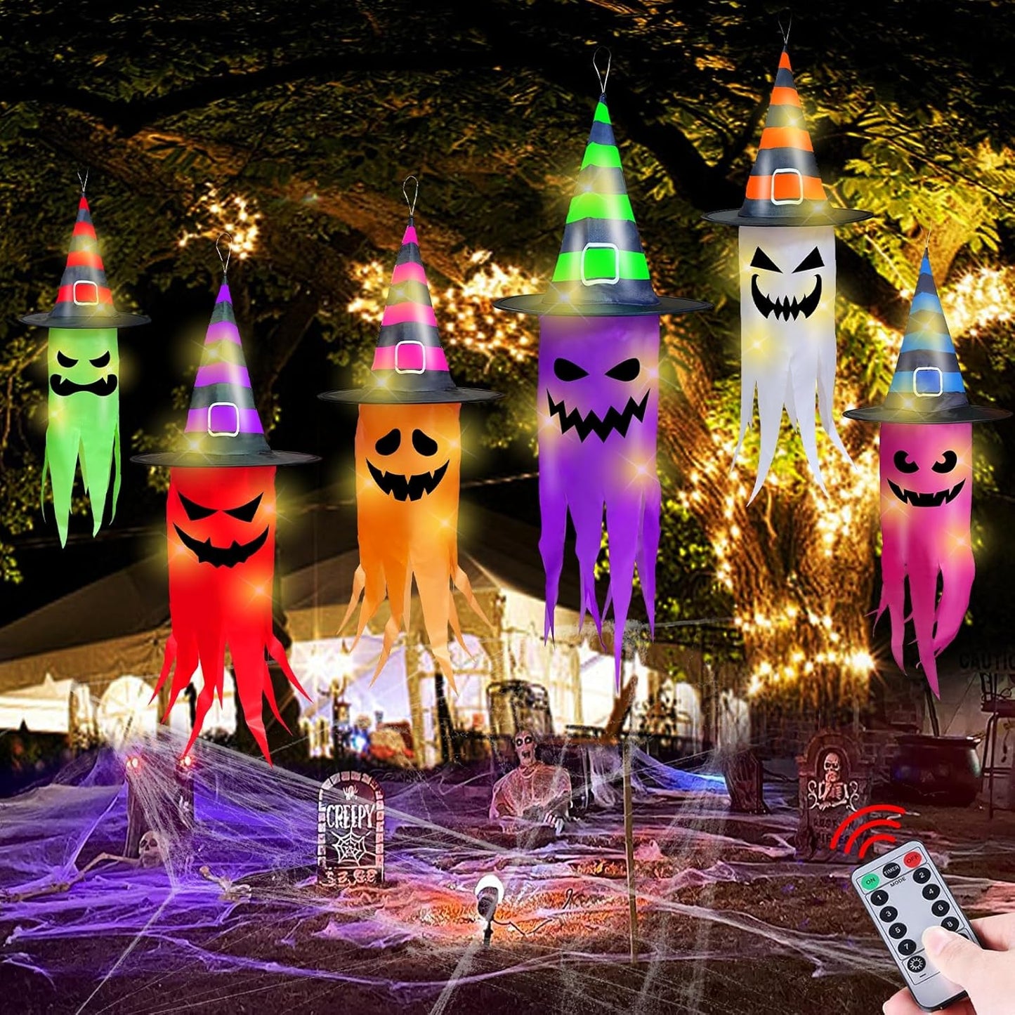 Halloween Decorations 6 Pcs Lighted Hanging Witch Hat Ghosts, 8 Modes Remote Control, 13 FT Long Halloween String Lights Holiday Decor for Indoor Outdoor Yard, Lawn, Scary Theme Party