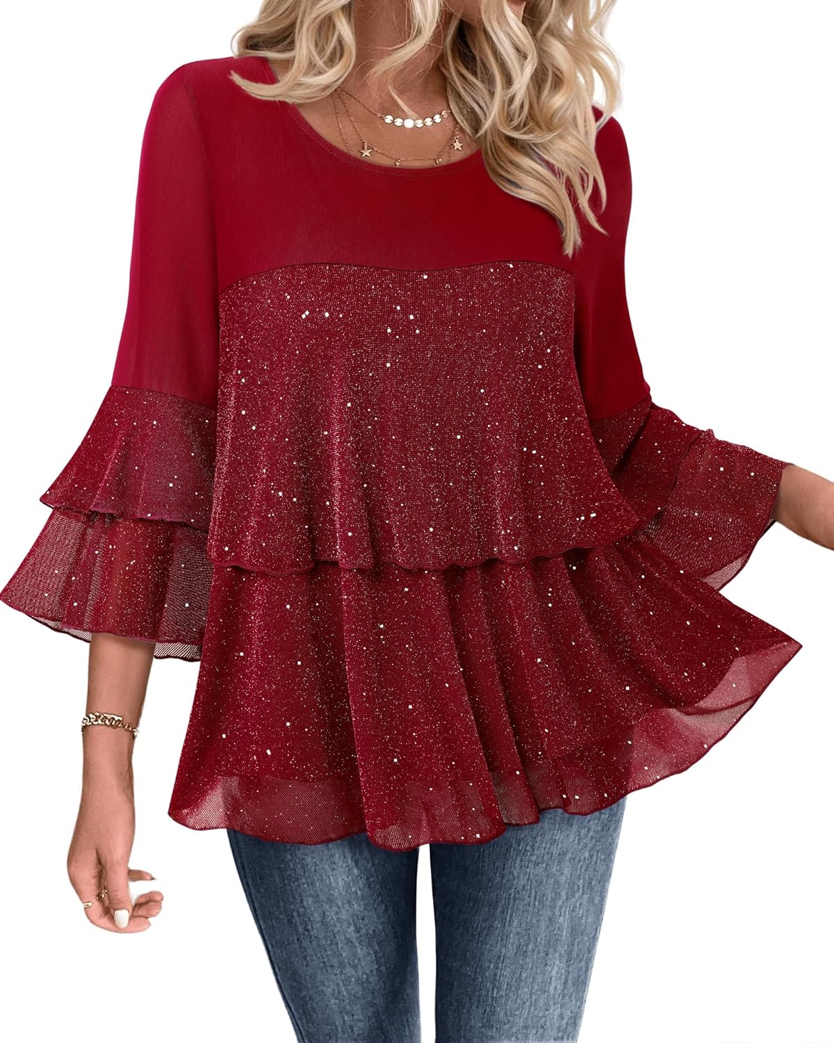 Bebonnie Womens Dressy Sparkly Tops 3/4 Sleeve Ruffles Elegant Evening Flowy Blouse