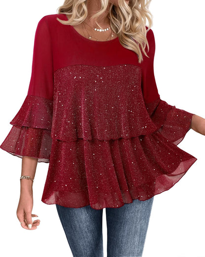 Bebonnie Womens Dressy Sparkly Tops 3/4 Sleeve Ruffles Elegant Evening Flowy Blouse