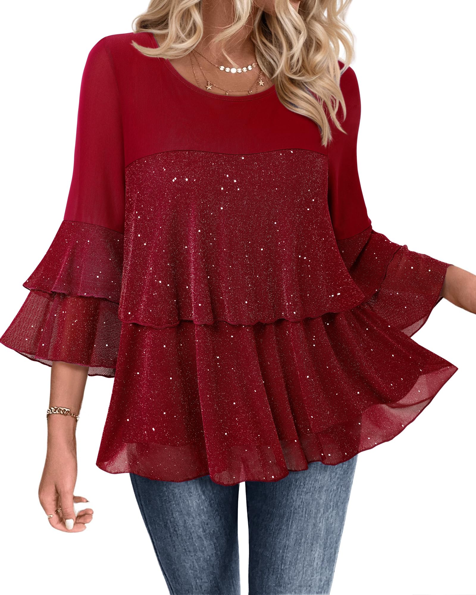 Bebonnie Womens Dressy Sparkly Tops 3/4 Sleeve Ruffles Elegant Evening Flowy Blouse