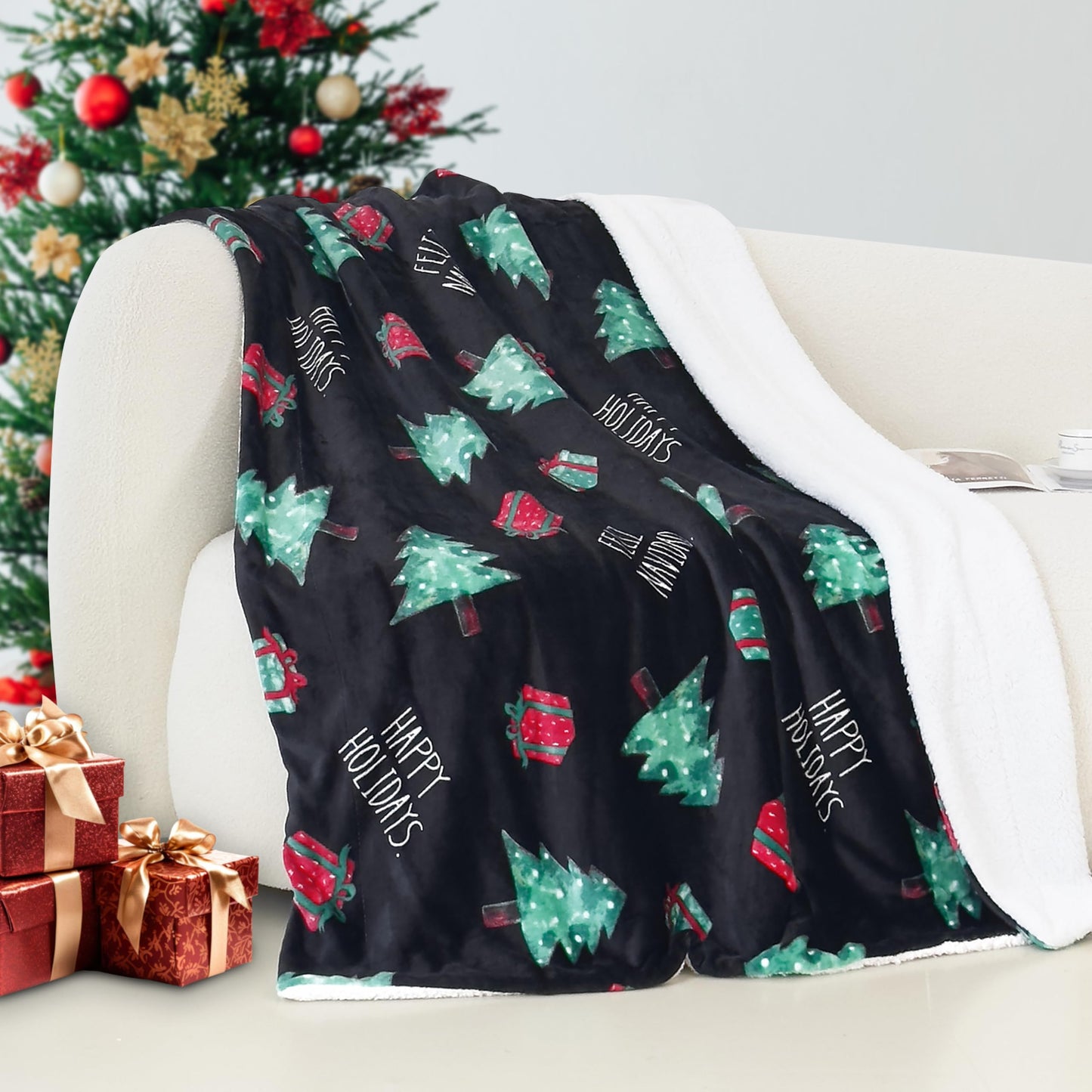Elegant Comfort Reversible and Ultra-Plush Flannel Fleece-Winter Christmas Sherpa Throw- Lightweight Soft and Cozy-Holiday Decorative Throw, Perfect for Lounging, 50 x 60 inches, Emerald Green Deer