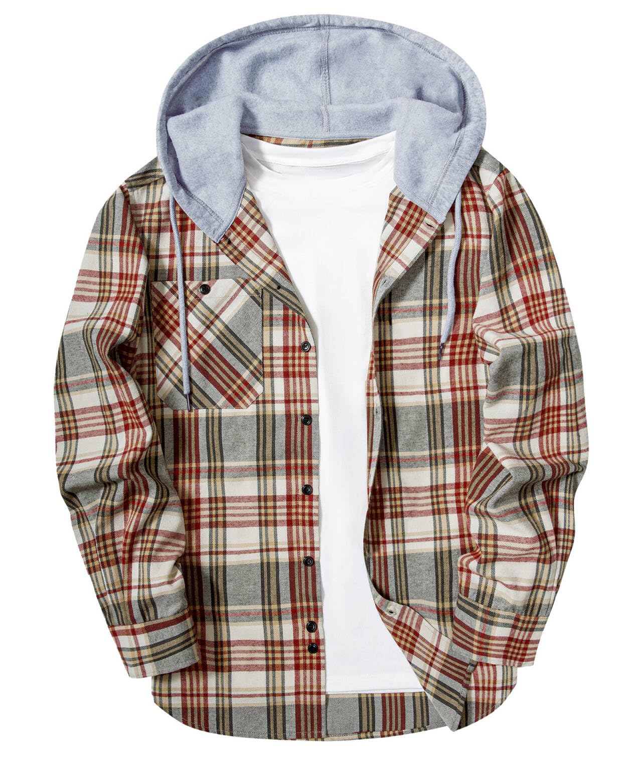 ZITY Men's Flannel Hoodie Shirts Casual Button Down Plaid Shirt Jackets for Men Long Sleeve Stylish Hooded with Pocket