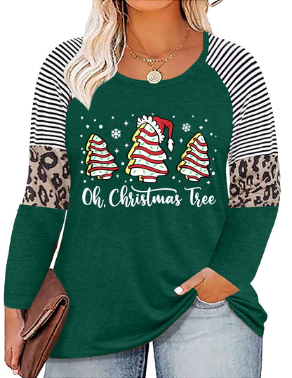 Plus Size Christmas T Shirt Women Xmas Leopard Plaid Trees Print Tees Casual Long Sleeve Holiday Shirts Top