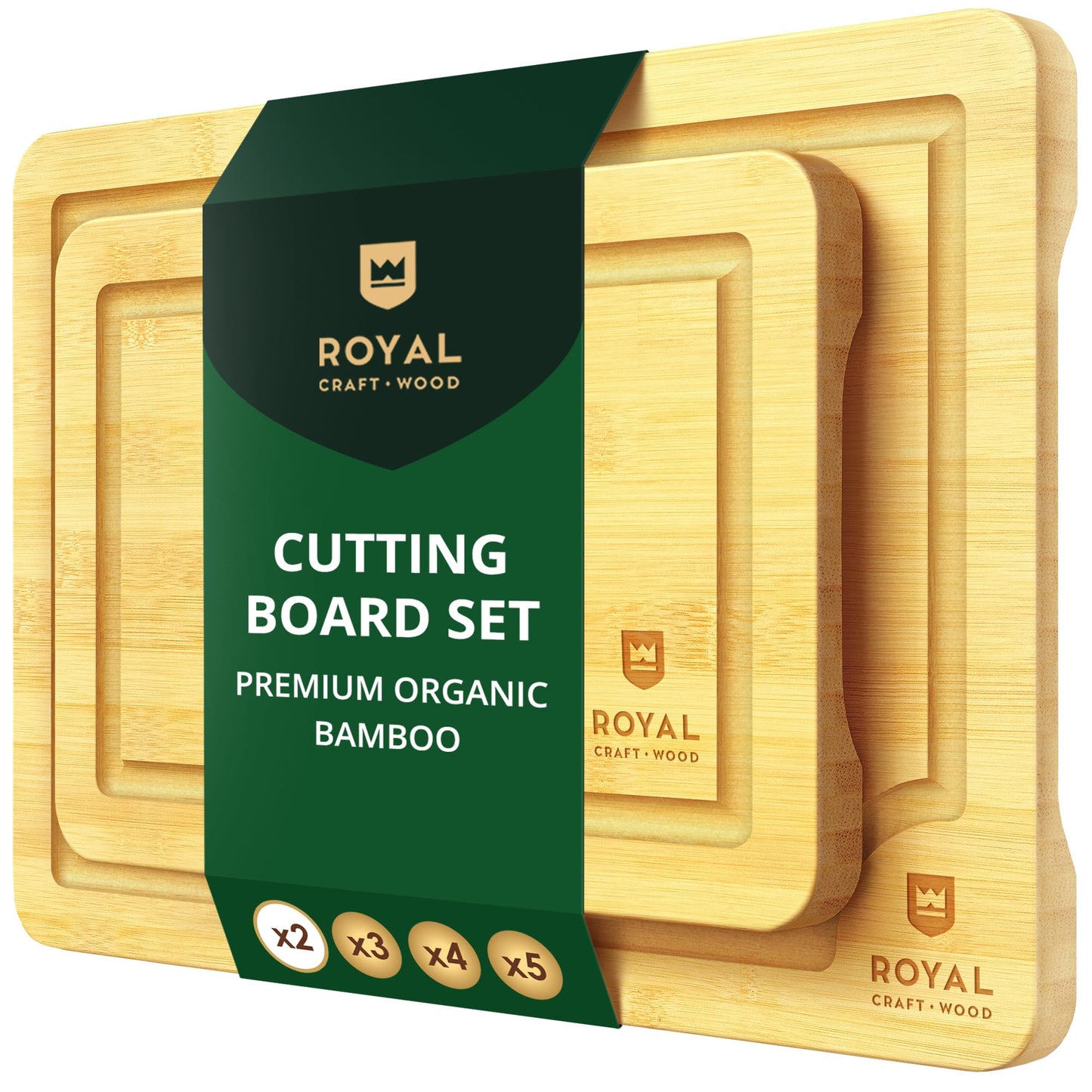 ROYAL CRAFT WOOD Wooden Cutting Boards for Kitchen Meal Prep & Serving - Bamboo Wood Serving Board Set with Deep Juice Groove Side Handles - Charcuterie & Chopping Butcher Block for Meat (3 Pcs)