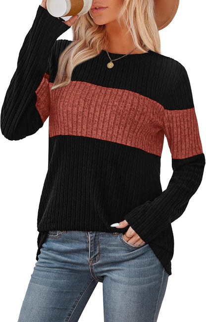 WIHOLL Womens Sweaters Trendy Color Block Tops Long Sleeve Shirts Fall Outfits Early Fall Fashion 2025 Winter Clothing