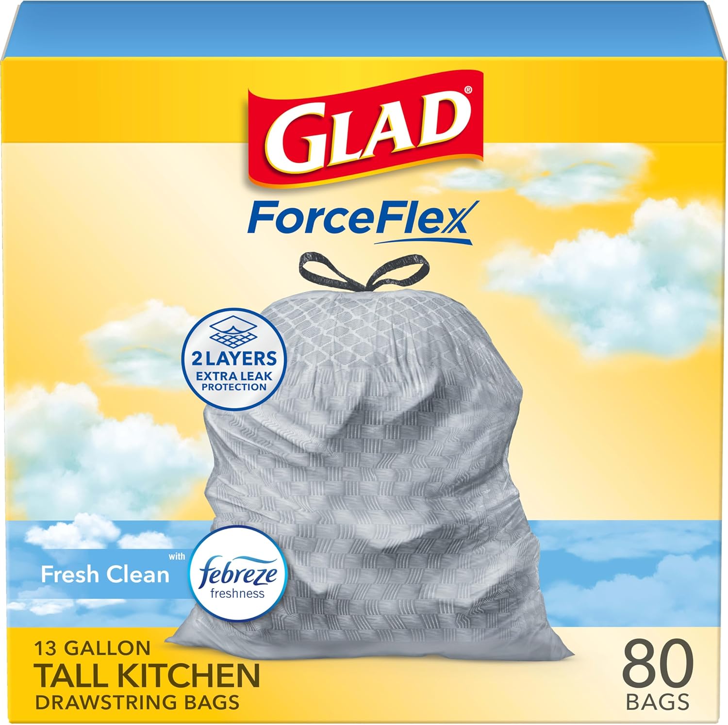 Glad ForceFlex Drawstring Trash Bags, 13 Gallon, Fresh Clean, 80 Count (Package May Vary)