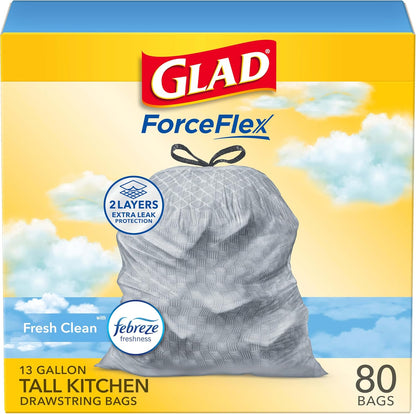 Glad ForceFlex Drawstring Trash Bags, 13 Gallon, Fresh Clean, 80 Count (Package May Vary)