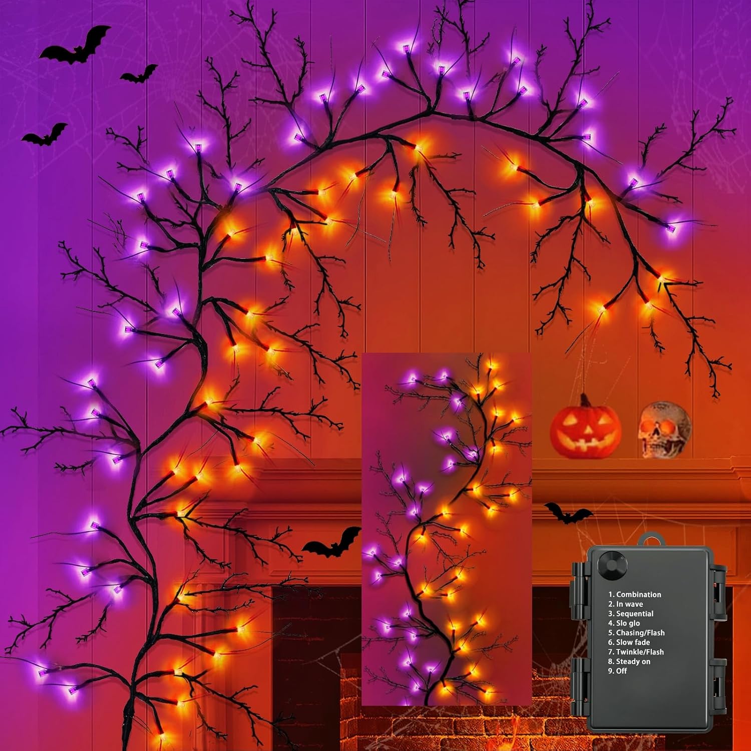 [8 Modes & Timer] 6 Ft 54LED Halloween Garland with Lights, Orange Purple Willow Vine Twig Garland Battery Operated Indoor Outdoor Fireplace Table Wall Home Party Halloween Decor
