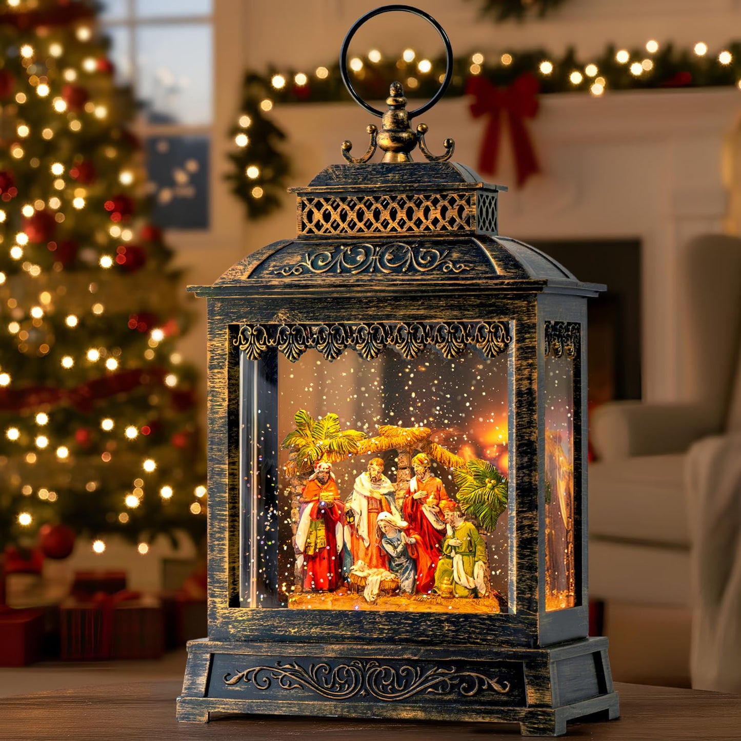 Christmas Snow Globes Christmas Water Lantern with Snowy Train Snowman, Music & 6H Timer, USB Lined/Battery Operated Lighted Lanterns for Xmas Festival Decoration Gifts
