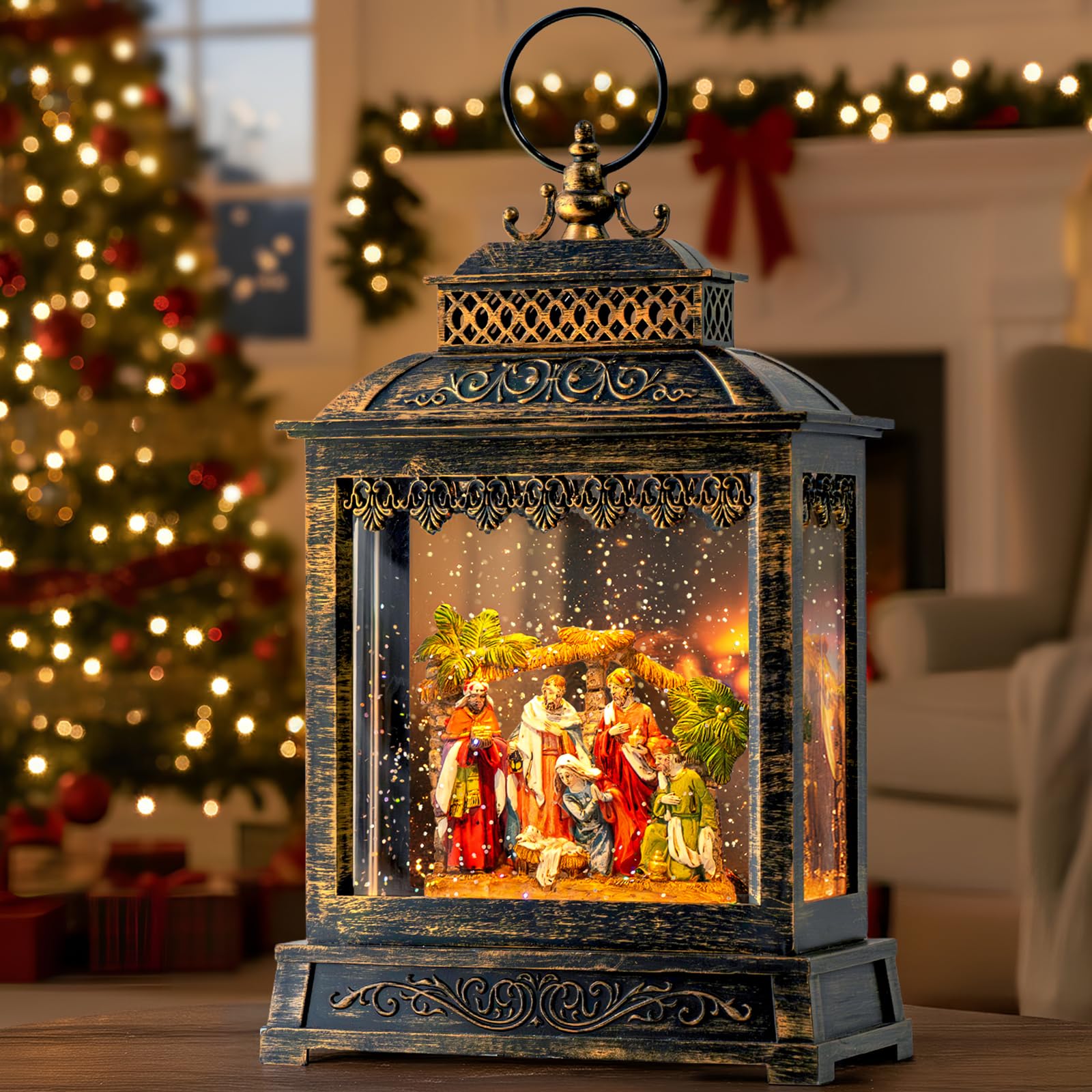 Christmas Snow Globes Christmas Water Lantern with Snowy Train Snowman, Music & 6H Timer, USB Lined/Battery Operated Lighted Lanterns for Xmas Festival Decoration Gifts