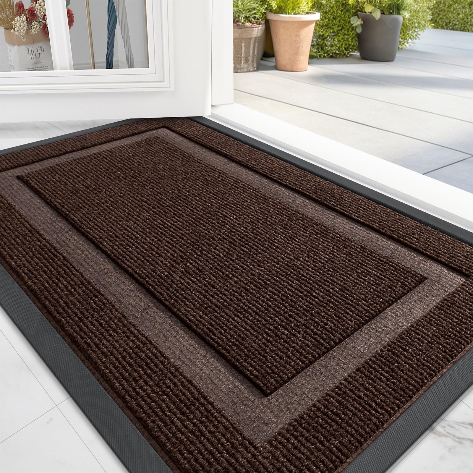 OLANLY Front Door Mat Indoor Outdoor Entrance, Waterproof All-Season, All-Weather Doormat, Sturdy Natural Rubber, Fade Resistant, Low Profile, Easy Clean Patio Porch Entryway Mat, 29.5x17, Black