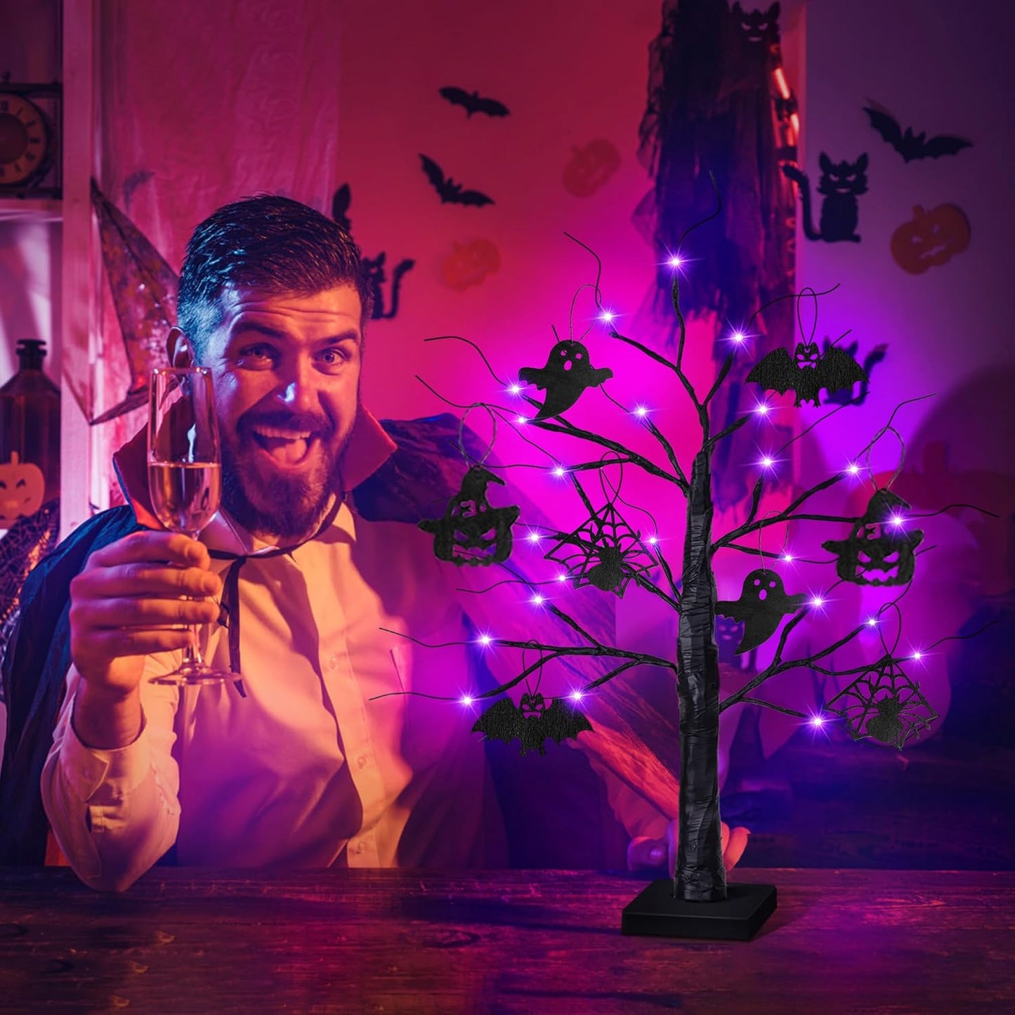 2 Pack 24 Inch Black Halloween Tree with 24 LED Purple Lights, Timer/USB/Battery Operated Halloween Table Decorations Lighted Tree, Cute Halloween Decorations Indoor Home Decor Party Room