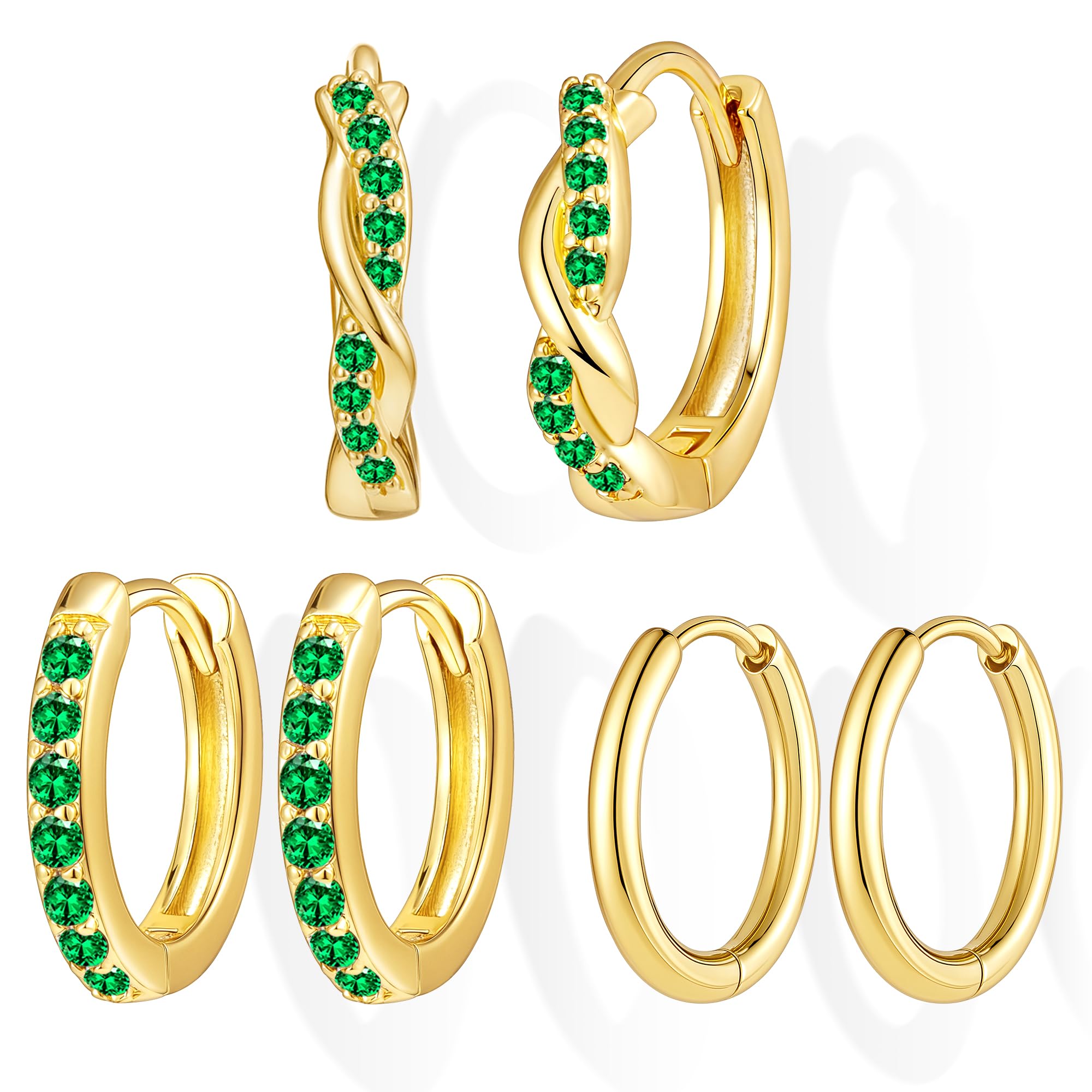 Inerney Gold Huggie Hoop Earrings Set for Women, Dainty Small Sterling Silver Earring Stacks Hypoallergenic Jewelry for Multiple Piercings, Trendy Twisted Cute Cartilage Hoops Birthstone Gift 3 Pairs