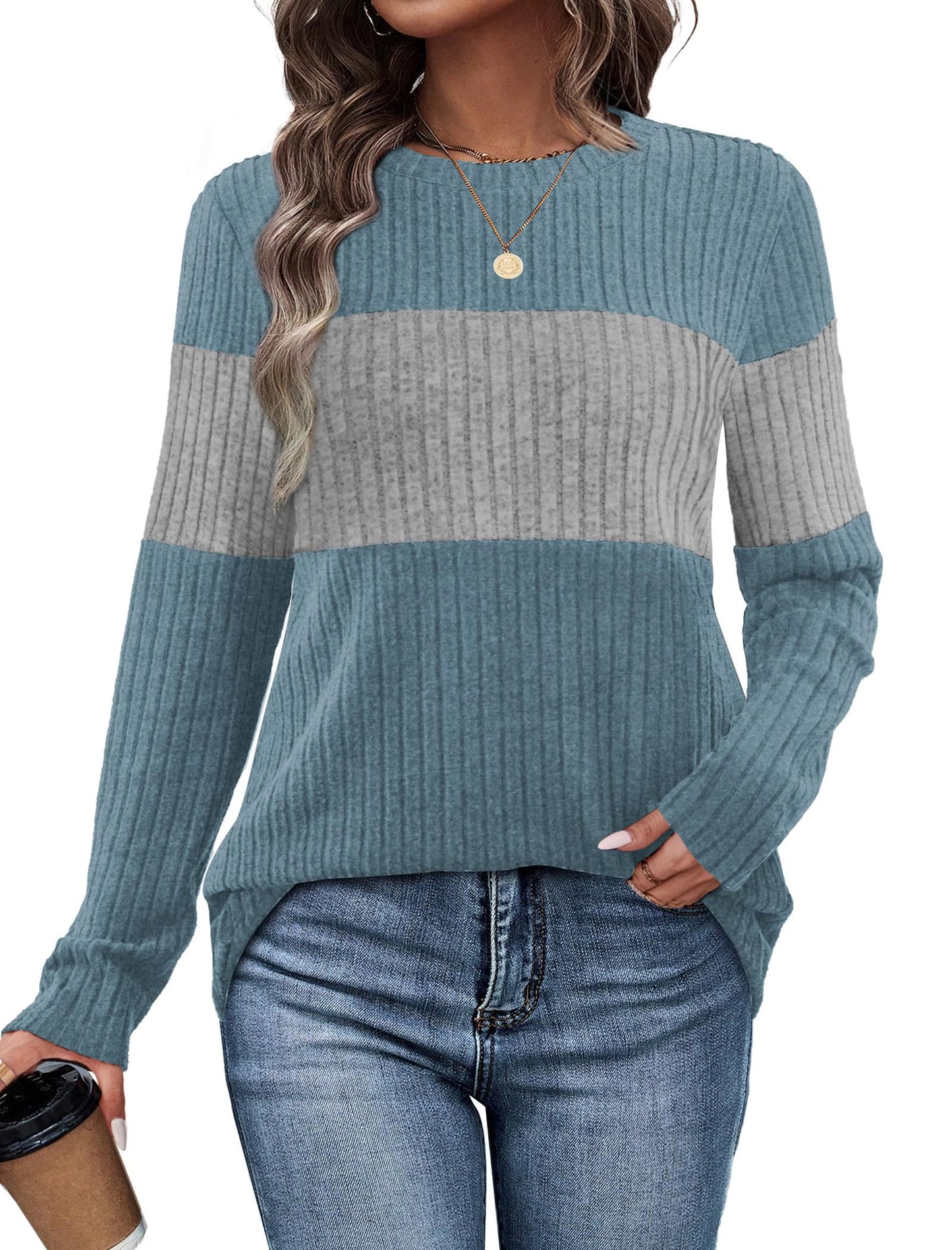 WIHOLL Womens Sweaters Trendy Color Block Tops Long Sleeve Shirts Fall Outfits Early Fall Fashion 2025 Winter Clothing