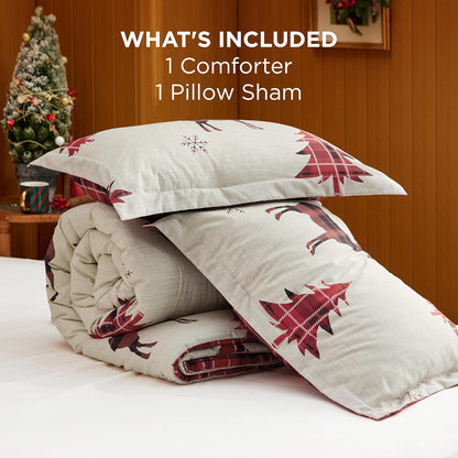 Bedsure Christmas Comforter Set Twin - Christmas Bed Set with Reindeer, Soft Bedding for Holiday, 2 Pieces, 1 Reversible Buffalo Check Printed Comforter and 1 Pillow Sham
