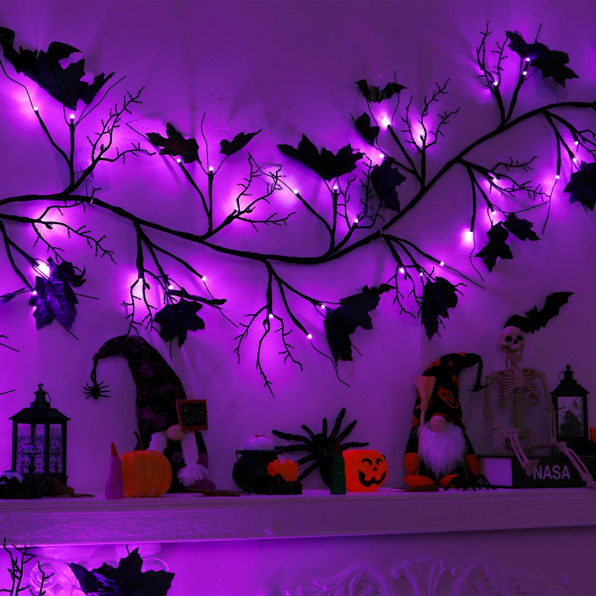 9 FT 72 LED Willow Vine Twig Decor Black Halloween Garland with Orange Lights, 8 Modes & Timer Waterproof Battery Operated for Home Fireplace Mantle Wall Office Indoor Halloween Decorations Party