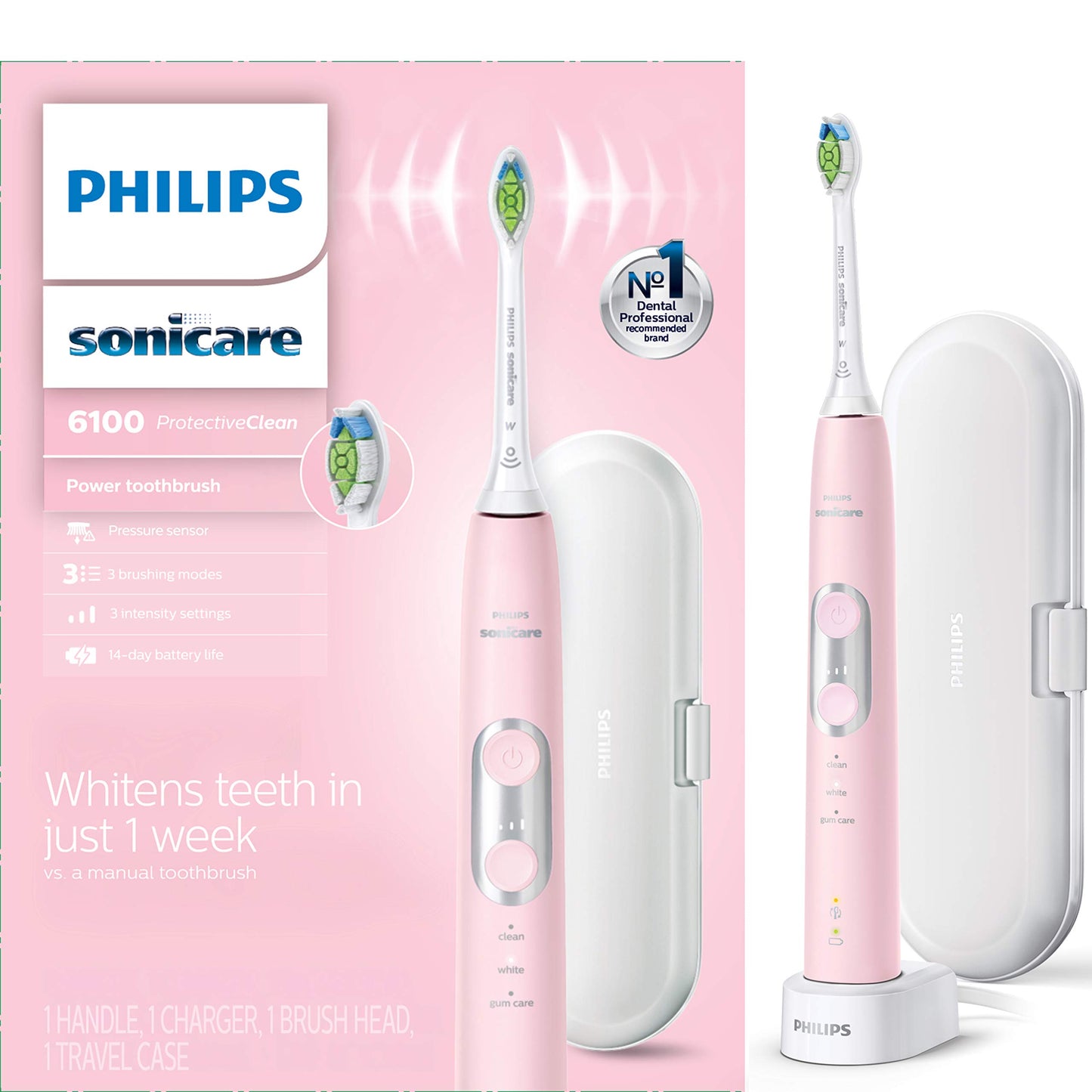 Philips Sonicare ProtectiveClean 6100 Rechargeable Electric Toothbrush, with Pressure Sensor, 3 Cleaning Modes, SmarTimer and QuadPacer, 14-Day Battery Life, Travel Case, Deep Purple, Model HX6471/03