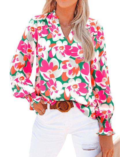 MASCOMODA Womens V Neck Floral Long Sleeve Tops 2025 Summer Casual Loose Puff Sleeve Chiffon Boho Work Blouse Dressy T Shirts