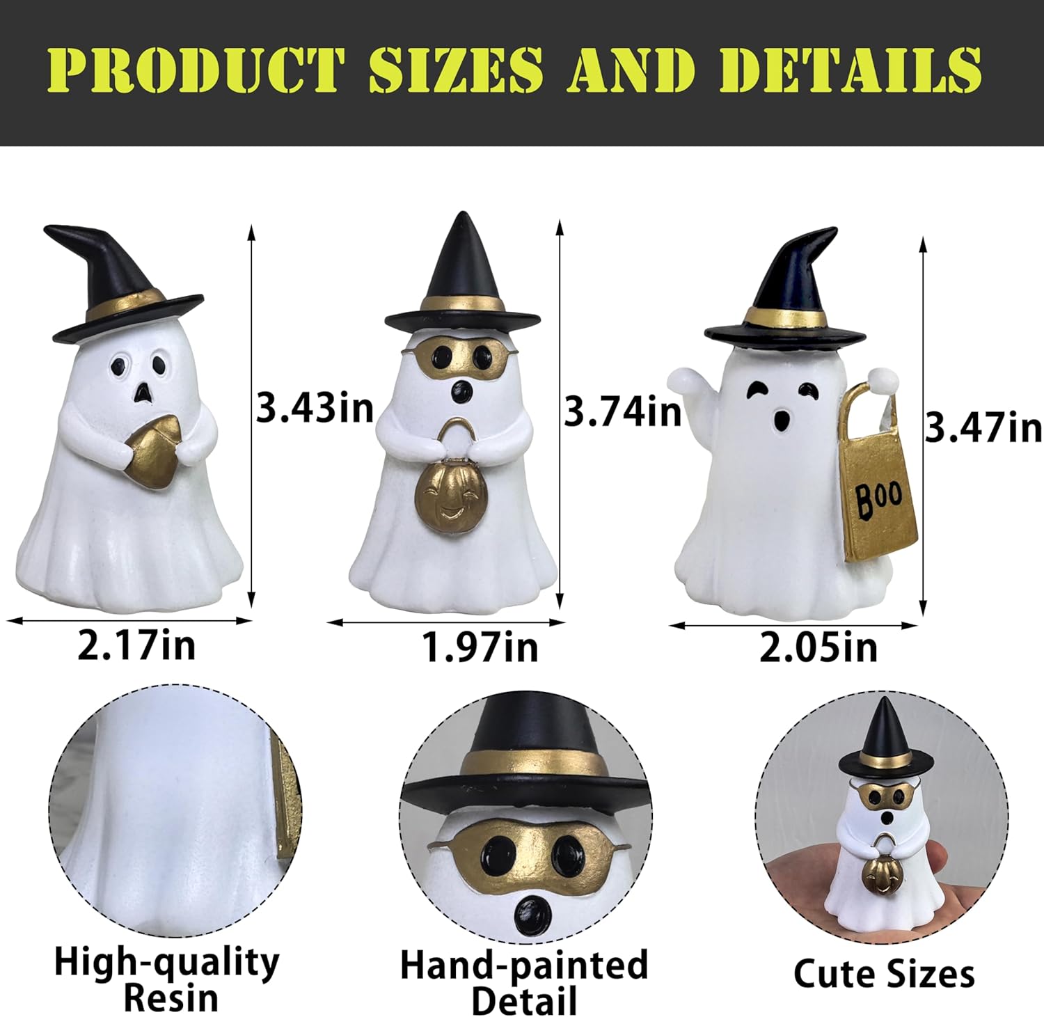 Resin Small White Ghost Figurines, 3PCS Ghosts with Witch Hats, Cute Ghost Statue for Spooky Halloween Decor, for Indoor Halloween Party Tabletop Home Shelf Decoration