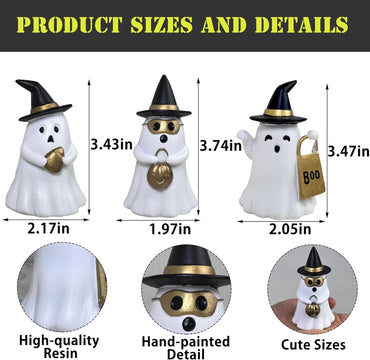 Resin Small White Ghost Figurines, 3PCS Ghosts with Witch Hats, Cute Ghost Statue for Spooky Halloween Decor, for Indoor Halloween Party Tabletop Home Shelf Decoration