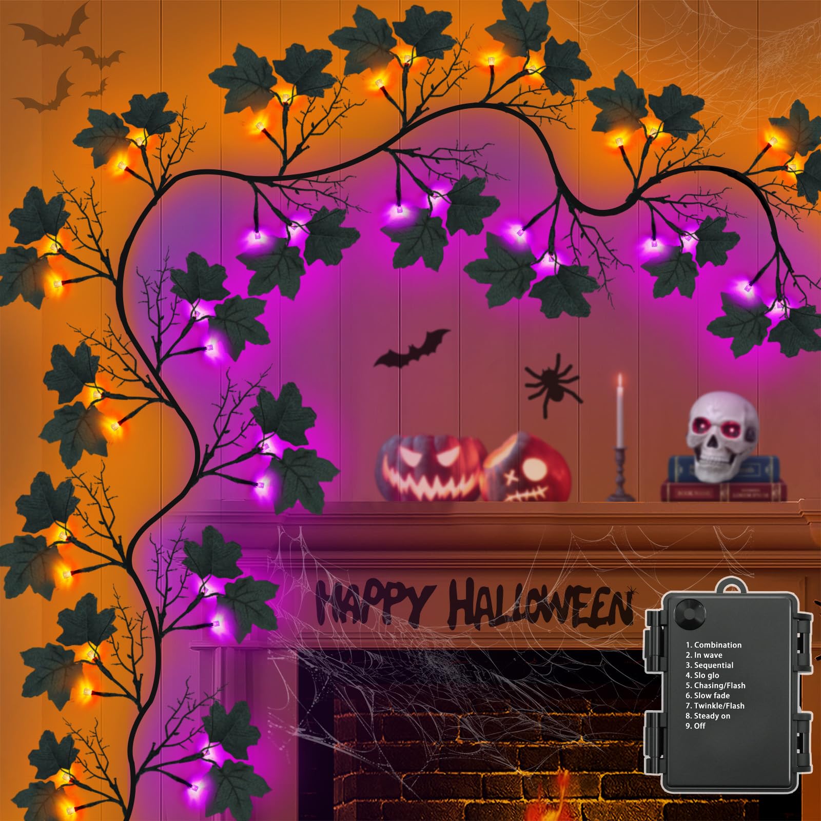 9 FT 72 LED Halloween Decorations Willow Vine Twig Decor with Orange Purple Lights and Dead Branches Black Leaves -Battery Operated 8 Modes for Indoor Wall Fireplace Halloween Decorations
