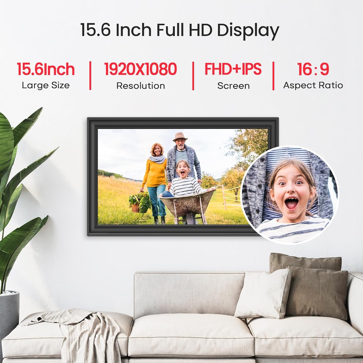 64GB 15.6" Frameo Digital Picture Frame WiFi, Large Electronic Photo Frames 1920 x 1080 IPS FHD Touch Screen, Send Photos from Your Phone from Anywhere, Best Gifts for Parents and Grandparents
