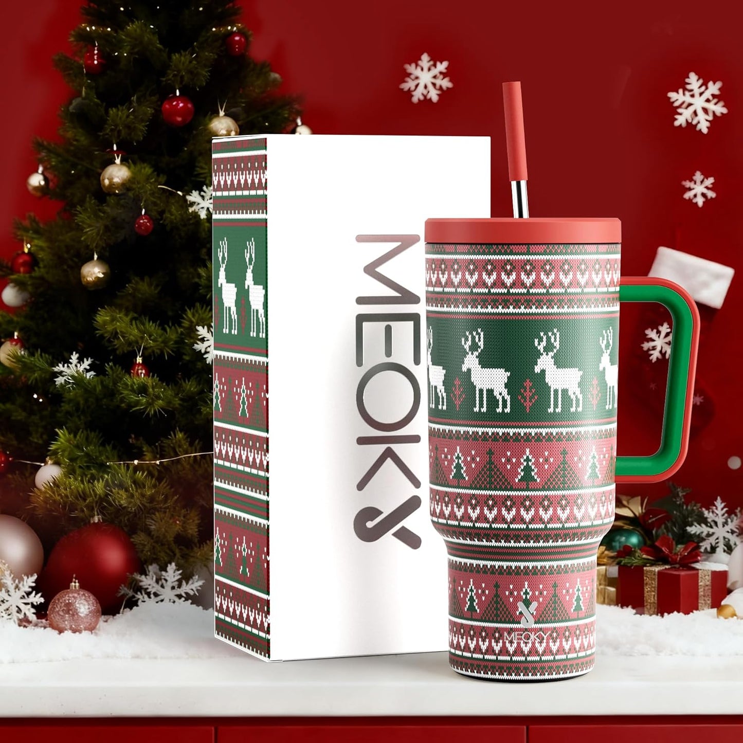 Meoky 40 oz Christmas Tumbler with Handle and Straw, Xmas Tumbler with Lid and Straw, Insulated Stainless Steel Travel Mug, Christmas Gifts for Women Men Adults (Jolly Reindeer)