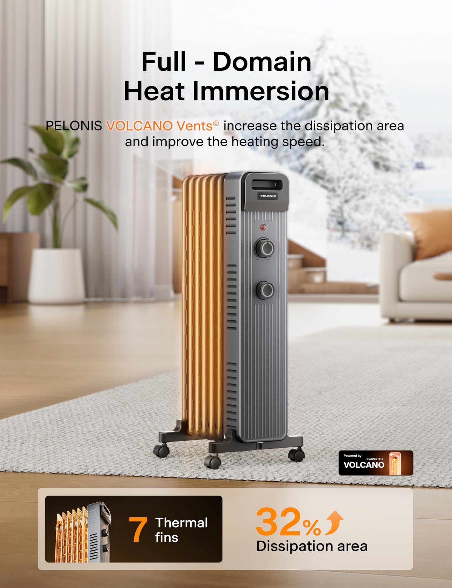 Pelonis Oil Filled Radiator Heater for Large Space, 2025 Upgraded, Space Heaters with 1500W Quiet Warmth Radiant Heater, 3 Heating Modes, Overheat & Tip-Over Protection, Adjustable Thermostat, Black