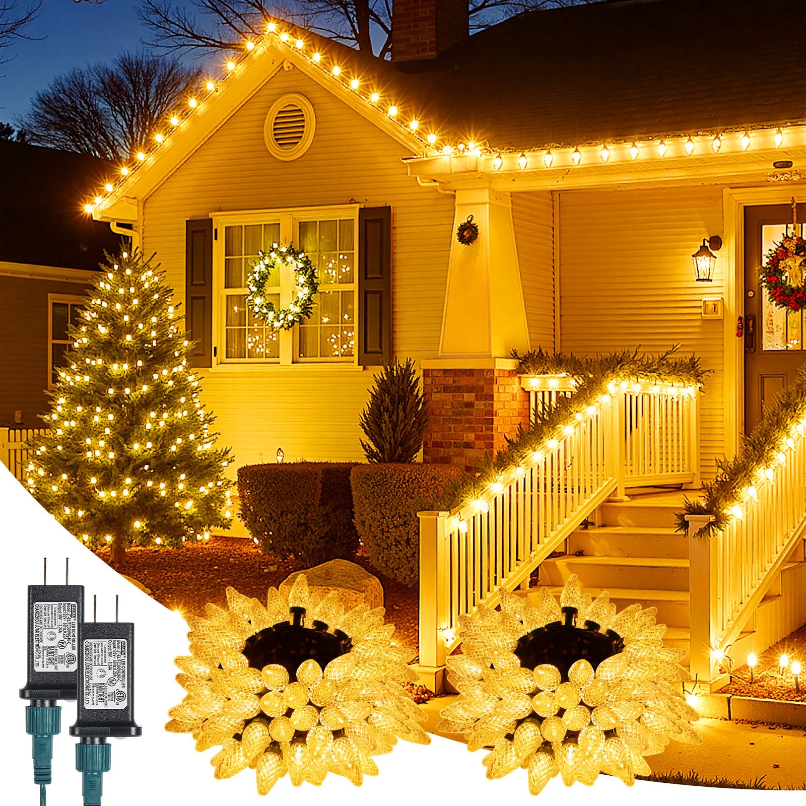 C9-Christmas-Lights-Outdoor,85FT 110LED String Lights with 8 Lighting Mode,Waterproof Connectable UL Certified Warm White C9-Led-Christmas-Light-Decorations for House Yard Patio Roof Garden Decor