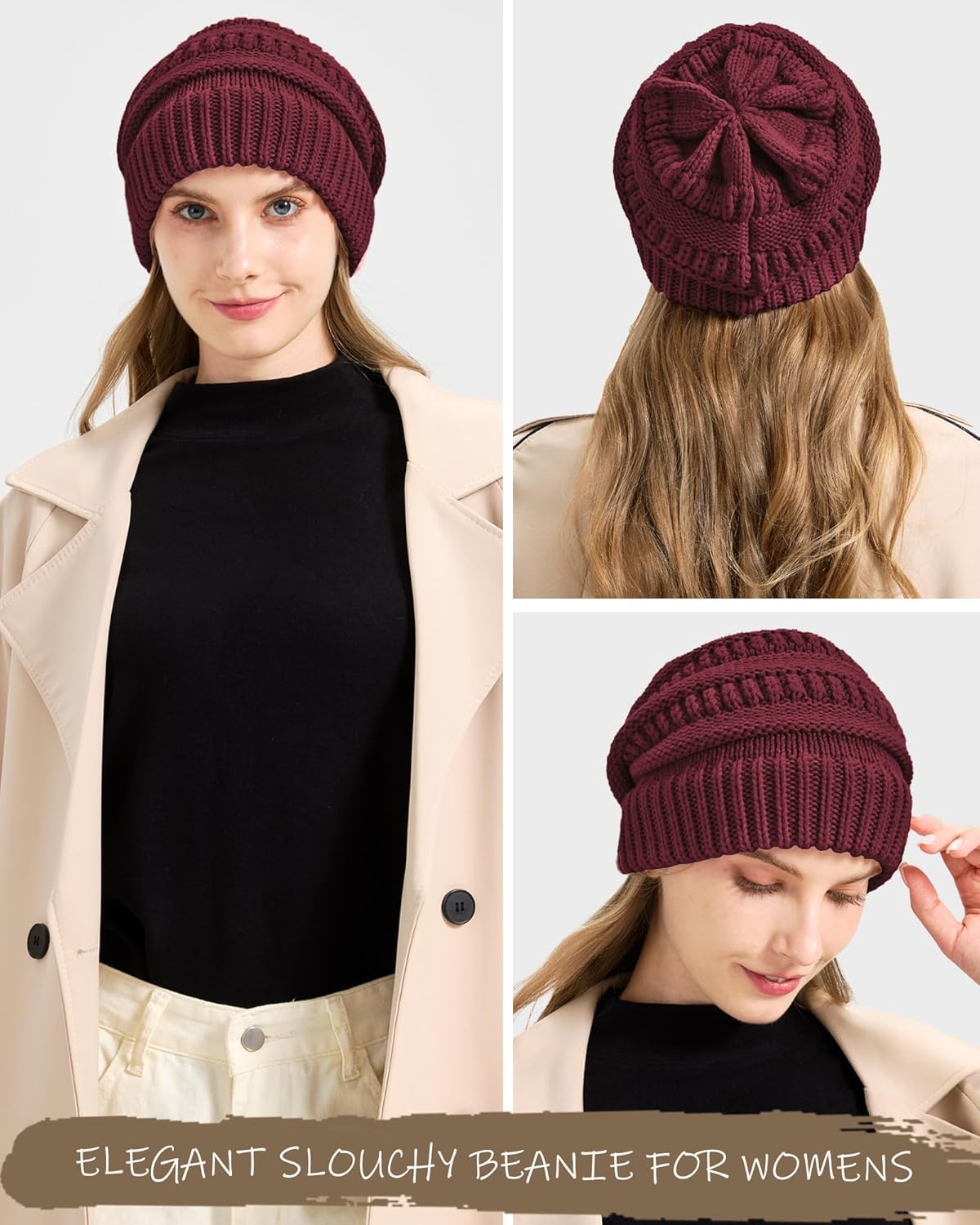 Cable Knit Slouchy Beanie for Women, Wool Winter Warm Womens Beanies, Trendy Oversized Slouch Hat Skull Ski Cap Hats