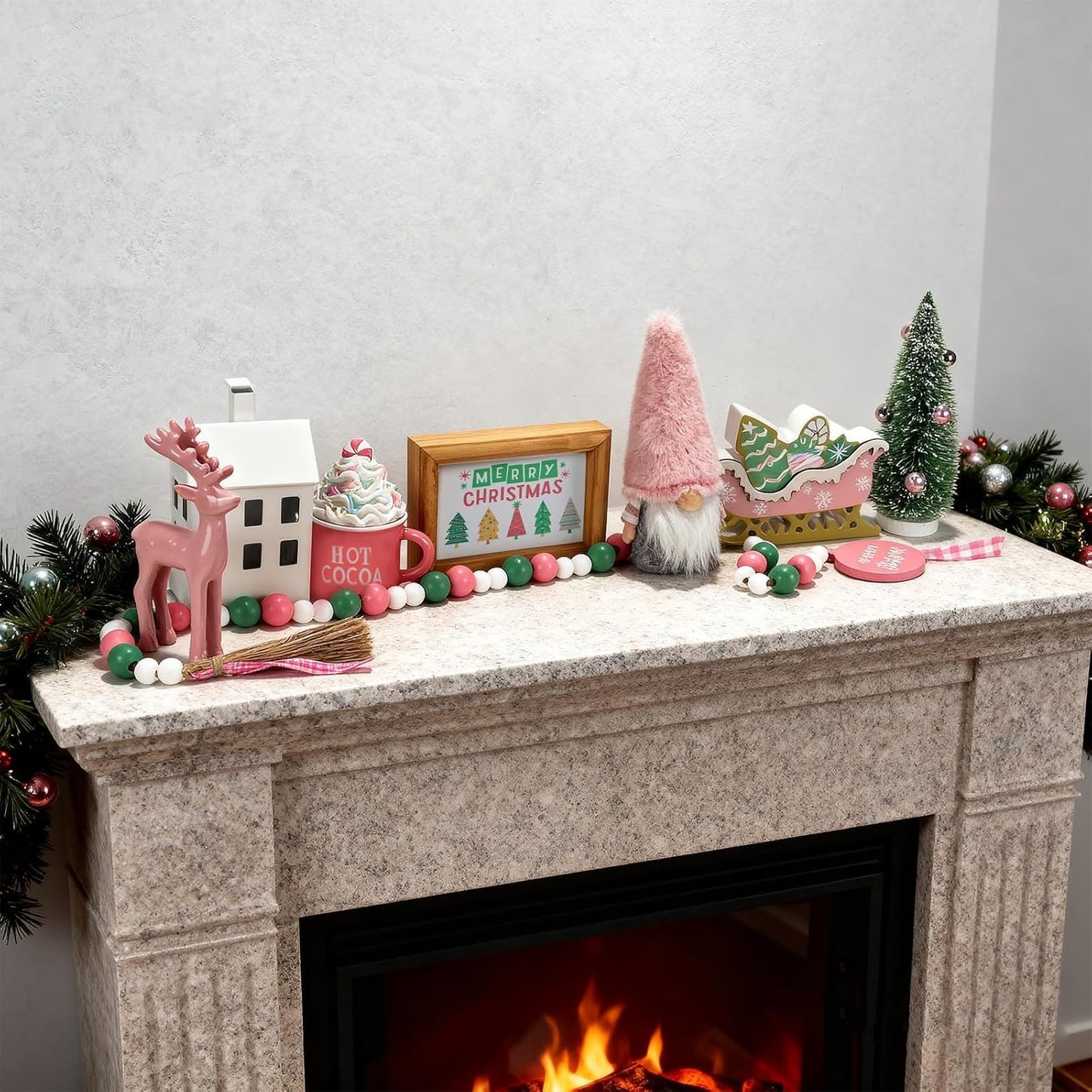 Pink Christmas Decorations 8 PCS Tiered Tray Decor Set, Cute Girlie Tabletop Christmas Decor for Home Shelf Mantel Fireplace Office Desk Coffee Bar Pastel Xmas Holiday Table Centerpieces Tray Objects