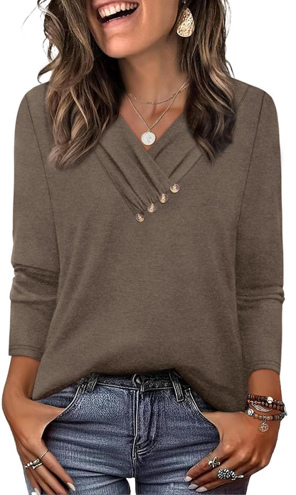 WIHOLL Long Sleeve Shirts for Women Fall Outfits V Neck T Shirts Button Down Tunic Tops Fashion Clothing