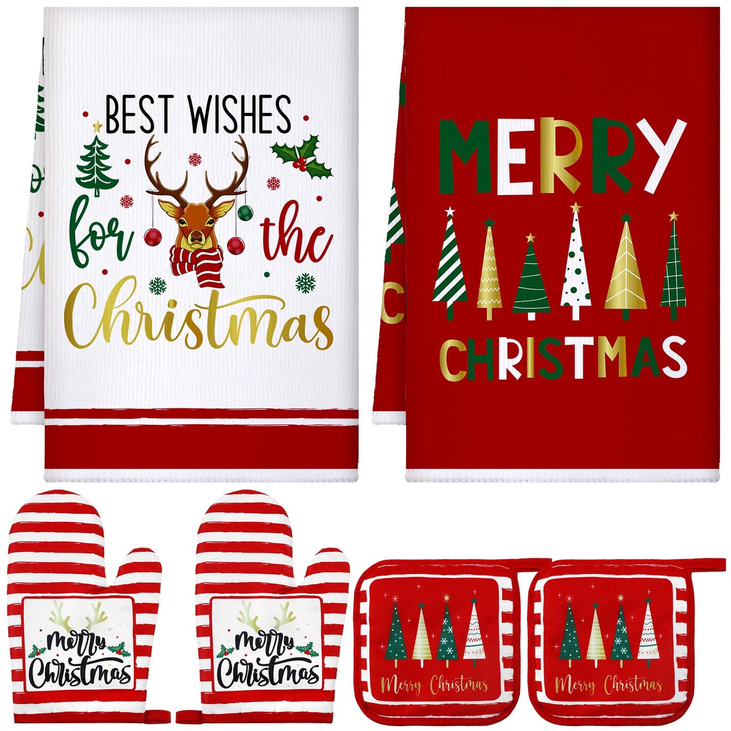 Bencailor 6 Pcs Christmas Kitchen Towel Oven Mitts and Pot Holders Set Xmas Theme Dish Towels Heat Resistant Oven Gloves for Summer Kitchen Cooking Baking Grilling(Colorful Christmas Tree Theme)