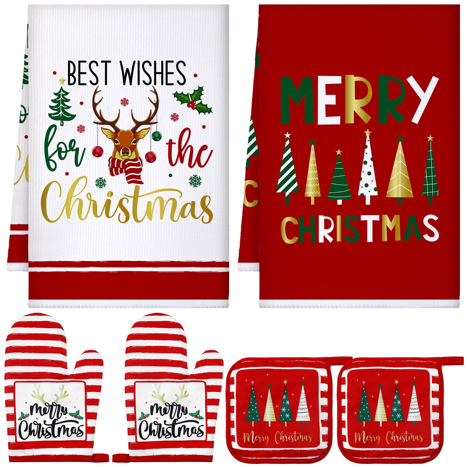 Bencailor 6 Pcs Christmas Kitchen Towel Oven Mitts and Pot Holders Set Xmas Theme Dish Towels Heat Resistant Oven Gloves for Summer Kitchen Cooking Baking Grilling(Colorful Christmas Tree Theme)