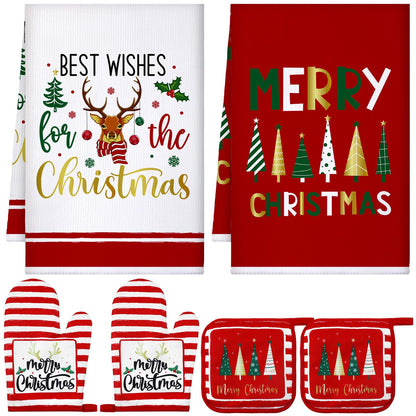Bencailor 6 Pcs Christmas Kitchen Towel Oven Mitts and Pot Holders Set Xmas Theme Dish Towels Heat Resistant Oven Gloves for Summer Kitchen Cooking Baking Grilling(Colorful Christmas Tree Theme)