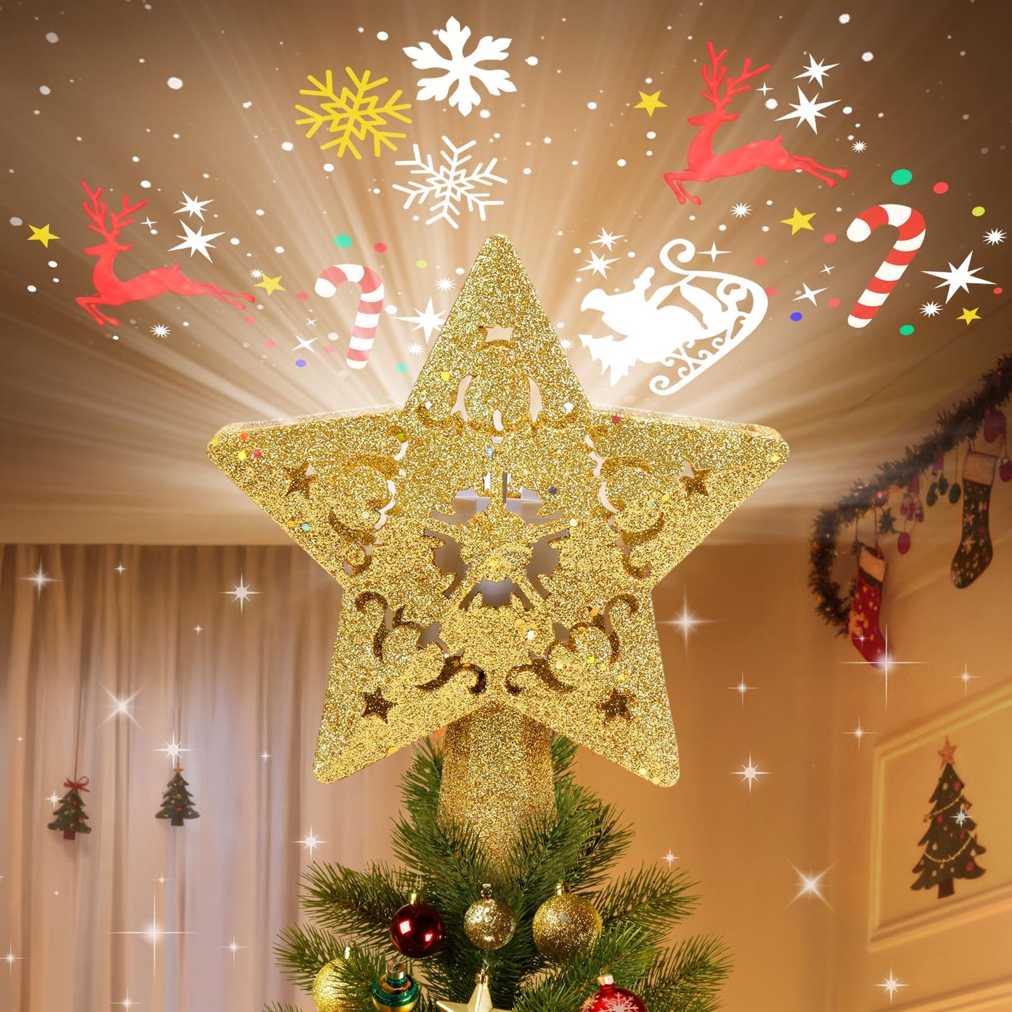 Christmas Tree Topper Lighted with Built-in LED Rotating Snowflake Projector, 3D Hollow Glitter Silver Snowflake Tree Topper for Xmas Party Holiday Christmas Decorations