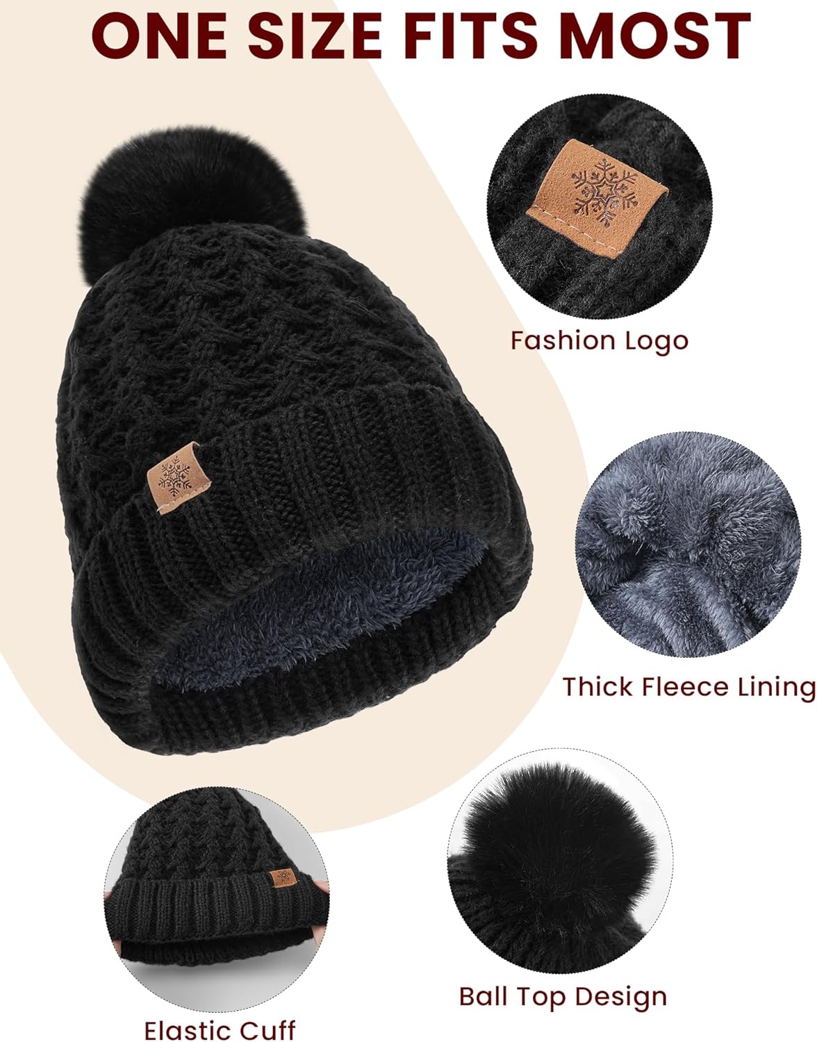 Trifabricy Womens Winter Hat Knit Crossed Cap Beanie Hats for Women Soft Warm Lined with Faxu Fur Pom Poms for Cold Weather