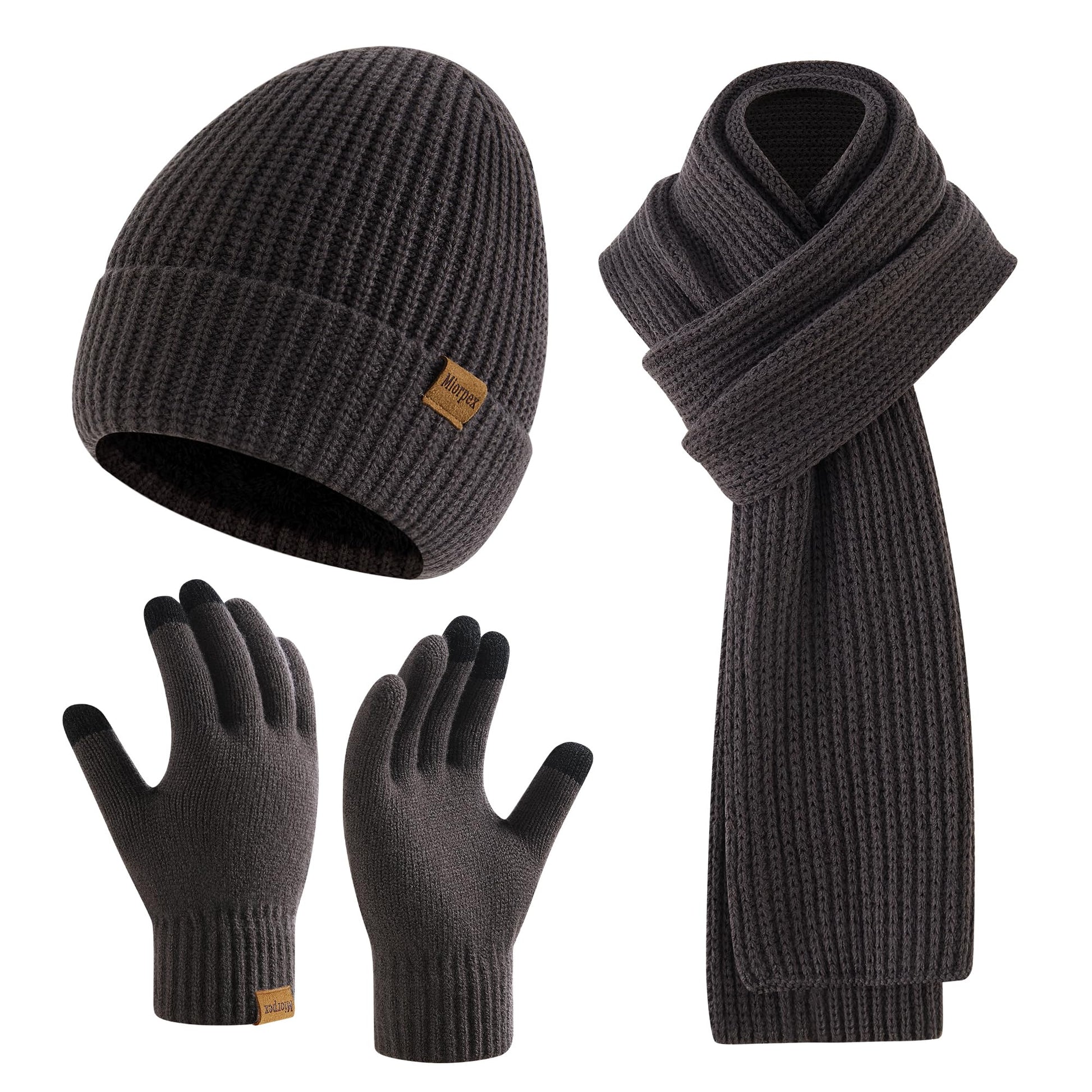 Mens Winter Beanie Hat Touchscreen Gloves Long Scarf 3 Set with Warm Fleece Lined Knit Cap Scarves for Men Women