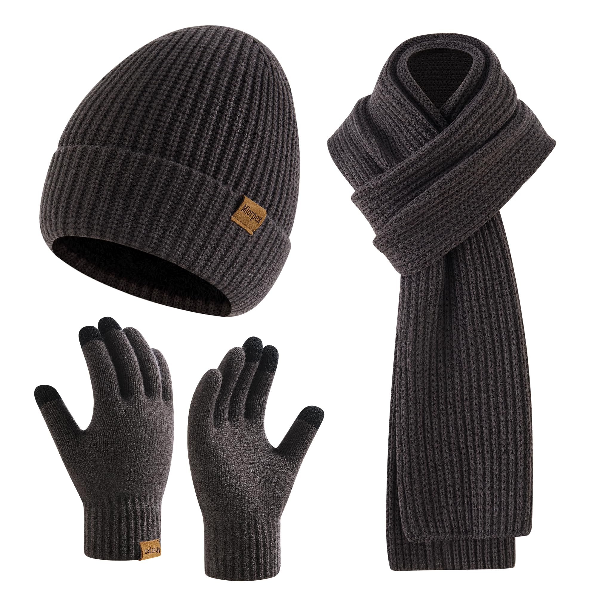 Mens Winter Beanie Hat Touchscreen Gloves Long Scarf 3 Set with Warm Fleece Lined Knit Cap Scarves for Men Women