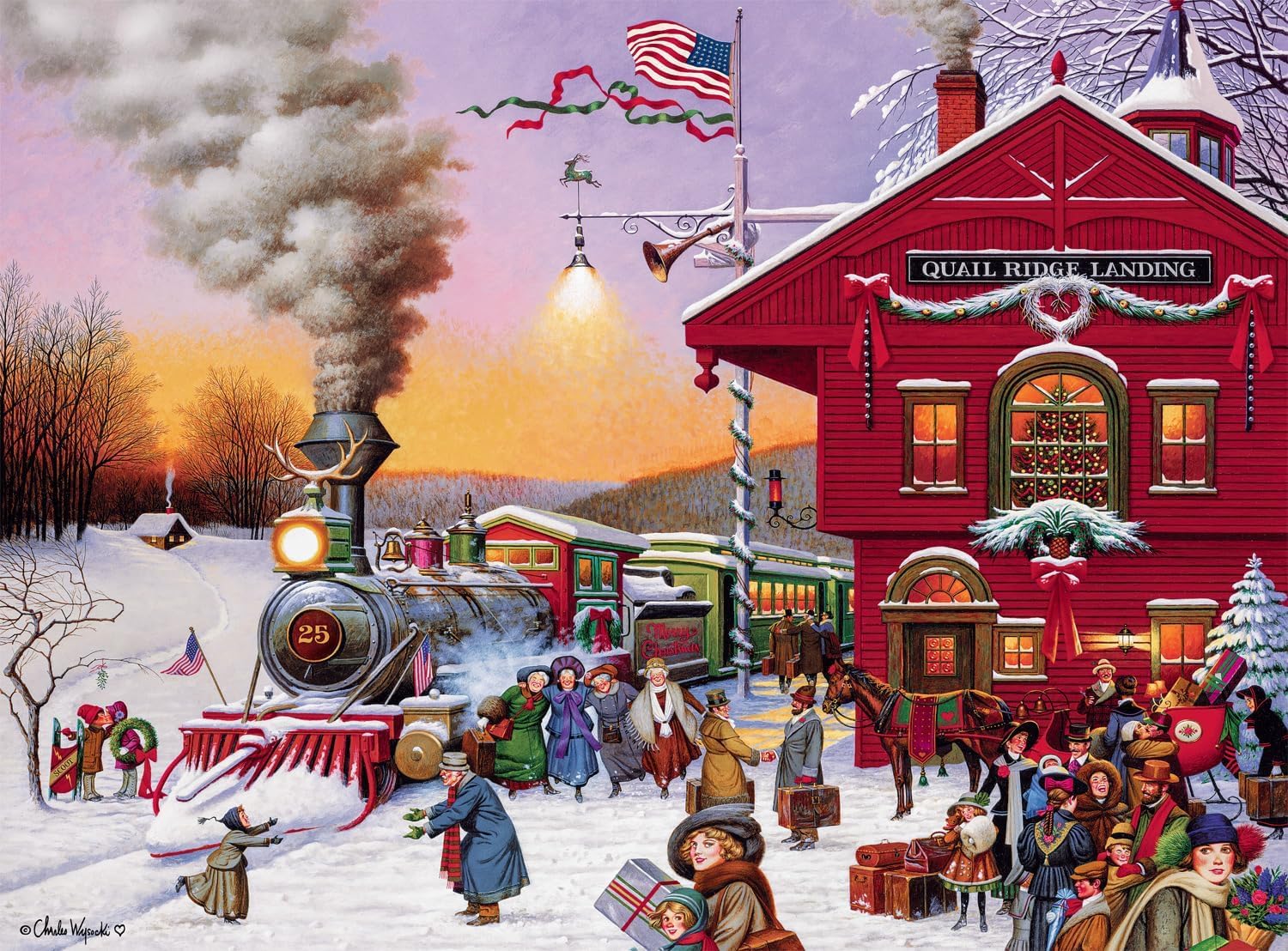 Buffalo Games – Charles Wysocki - Whistle Stop Christmas- 1000 Piece Holiday Jigsaw Puzzle - Festive Puzzles for Adults – Precision-Cut Pieces, Winter Artwork, Hours of Relaxing Fun