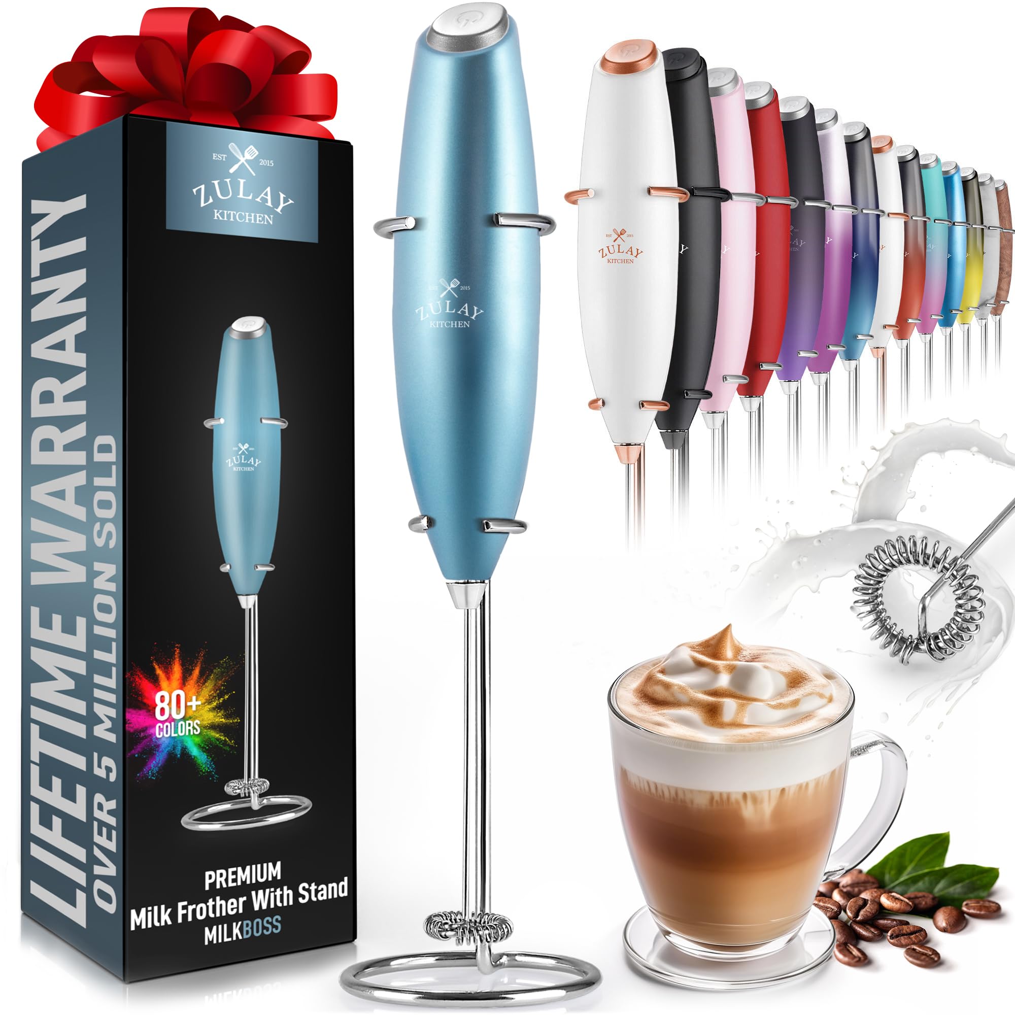 Zulay Kitchen Powerful Milk Frother Wand With 2 Duracell Batteries - Ultra Fast Handheld Drink Mixer - Electric Whisk Foam Maker for Coffee, Lattes, Cappuccino, Matcha, Hot Chocolate & Creamer - Black