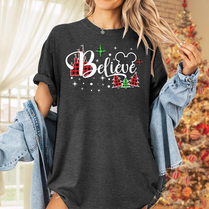 Believe Christmas Shirt for Women Christmas Tree Graphic T-Shirts Believe Letter Print Tees Holiday Tops