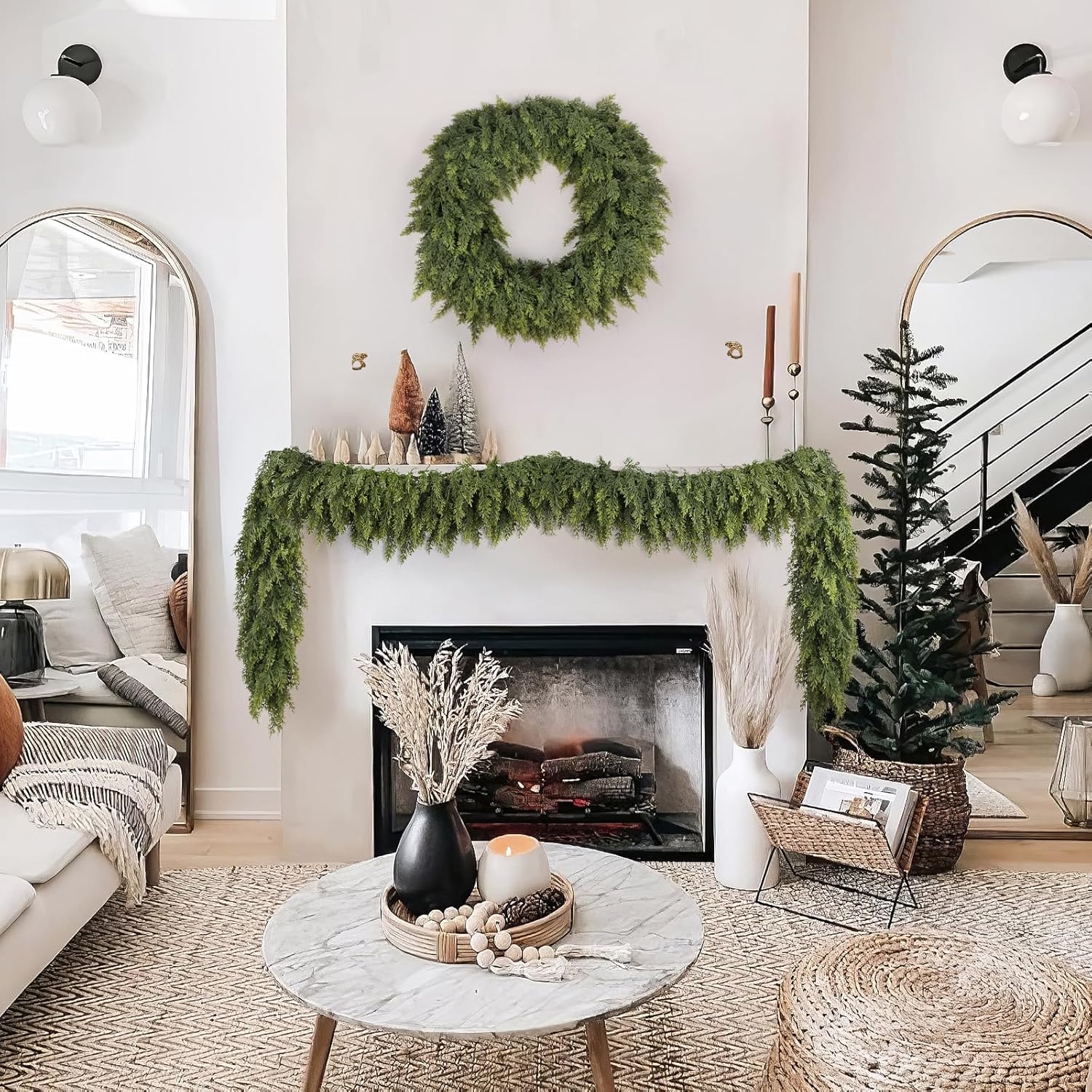 9ft Christmas Cedar Garland with Soft Thickness Pine, Artificial Green Faux Cedar Pine Garland for Mantle Fireplace Indoor Outdoor Holiday Party Home Decoration（2 Pcs）
