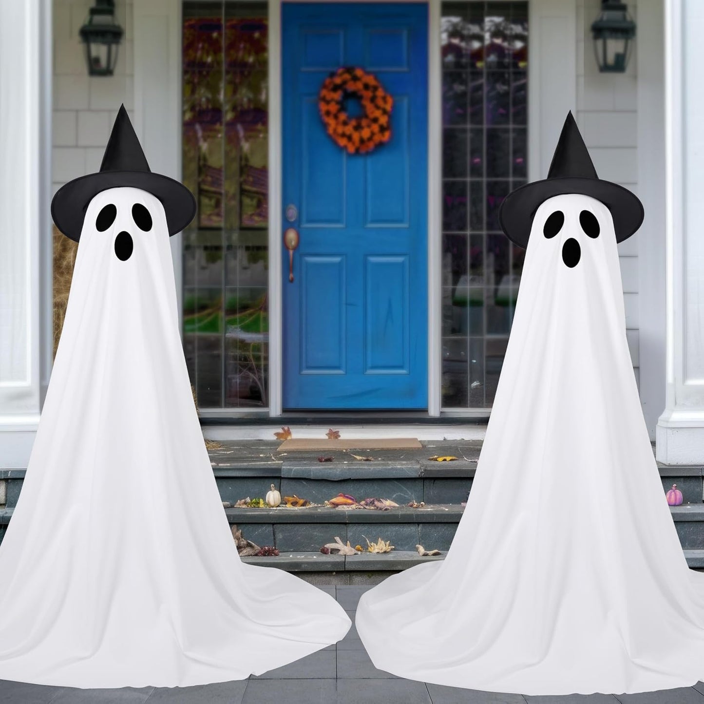 JOYIN 2 Packs 47'' Halloween Decorations Outdoor Standing Ghost, Light Up Spooky Ghost with Witch Hat & Remote Control, Glowing Halloween Decor for Yard Porch Lawn Garden Party Supplies Haunted House