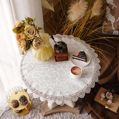 White Round Tablecloth Jacquard Table Cloth with Exquisite Lace Border Farmhouse Tablecloths Fall for Dining Wedding Coffee Outdoor Indoor Party Holiday Tabletop Use (White, 70 Inches Round)